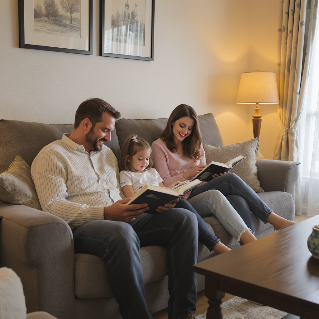Familia leyendo junta en el hogar