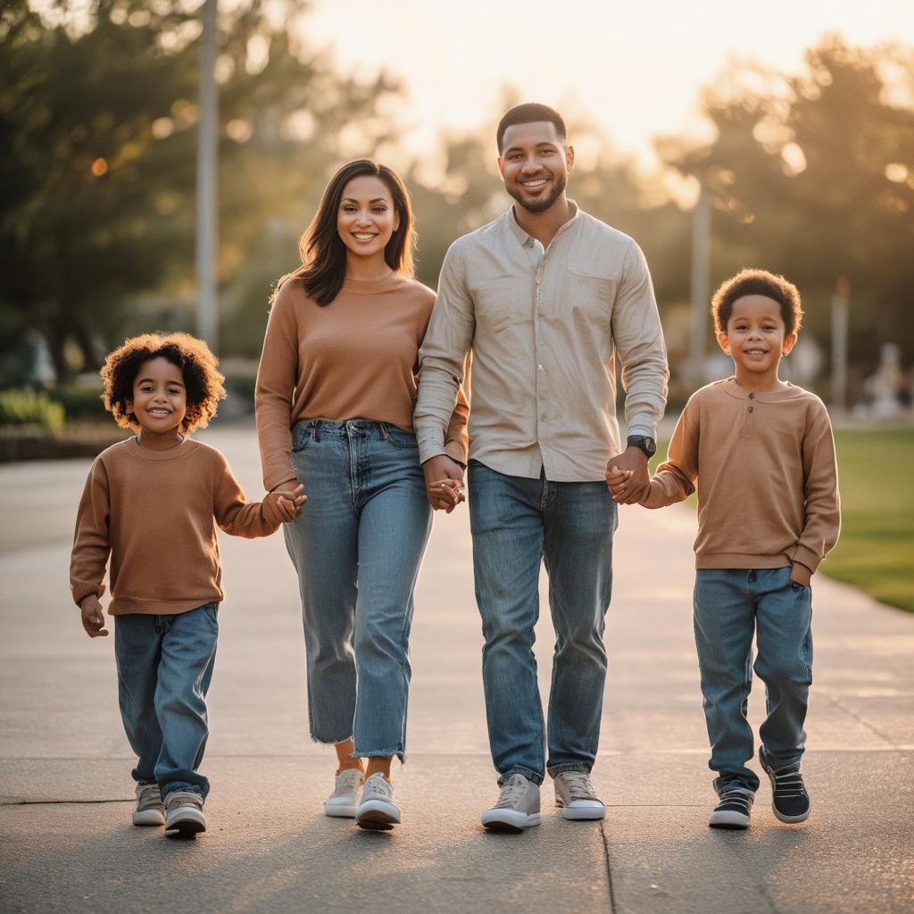 Padres caminando con sus hijos, liderando con el ejemplo